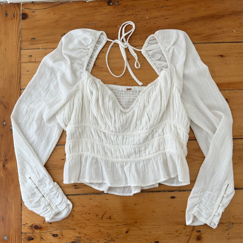 Free People White Cotton Gauze Smocked Blouse Puff Sleeve Cottagecore Top L
